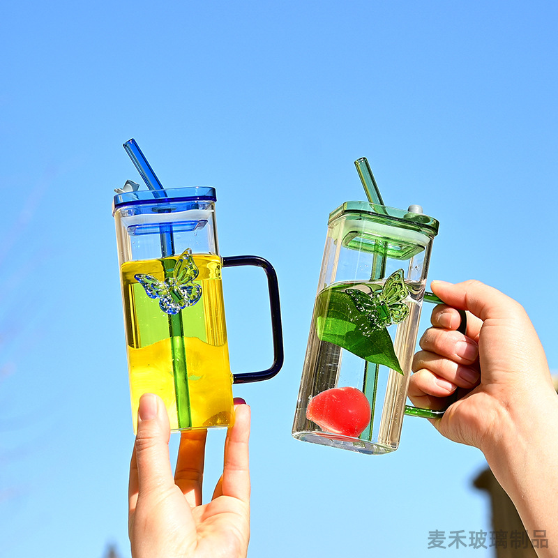 Popular square glass multi-color butterfly cup with handle, household with lid, high appearance level, straight use straw, dual-purpose cup, high boron Specification drawing