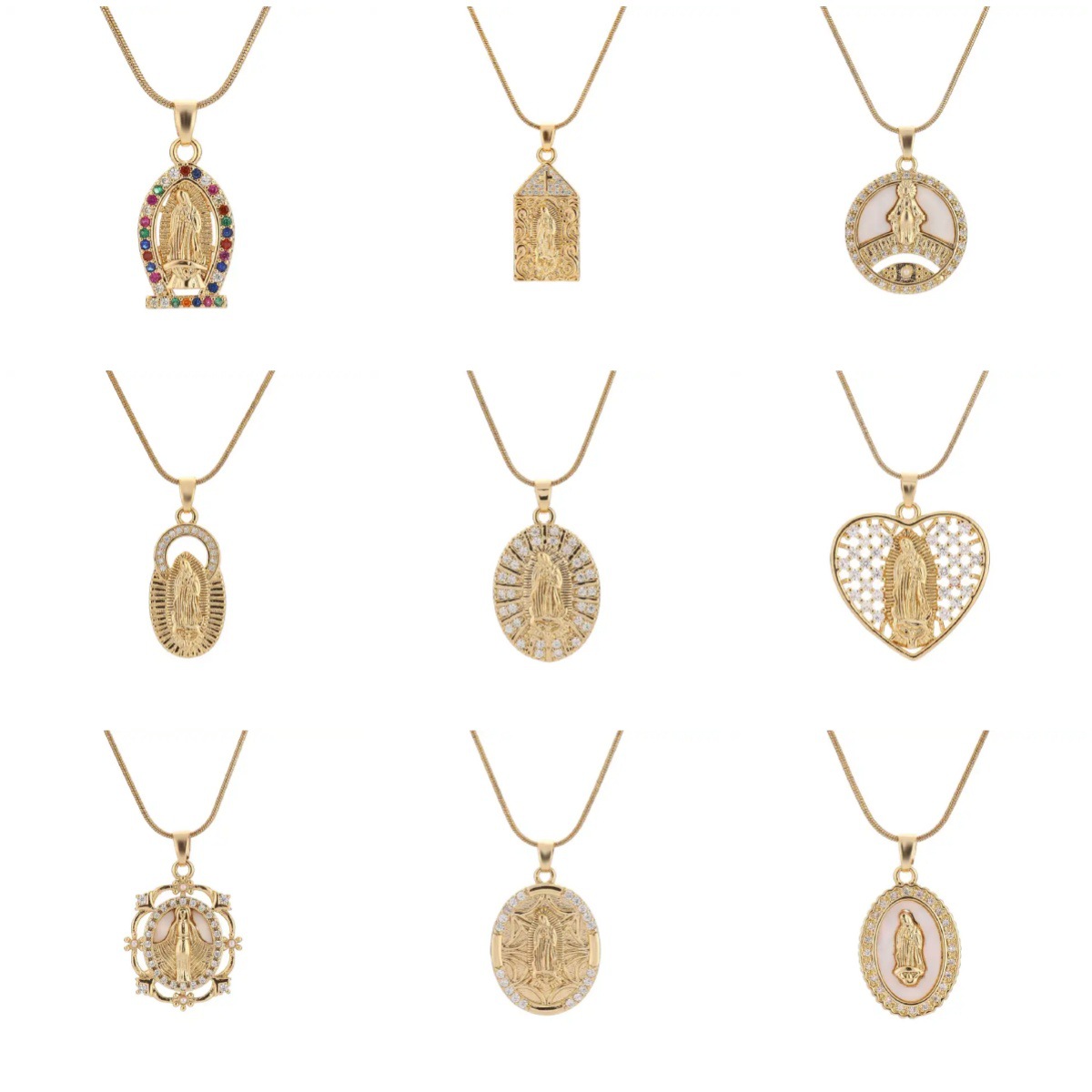 European and American retro sacred religious accessory necklace, copper micro-inlaid zircon Virgin Mary pendant, cross collarbone chain Specification drawing