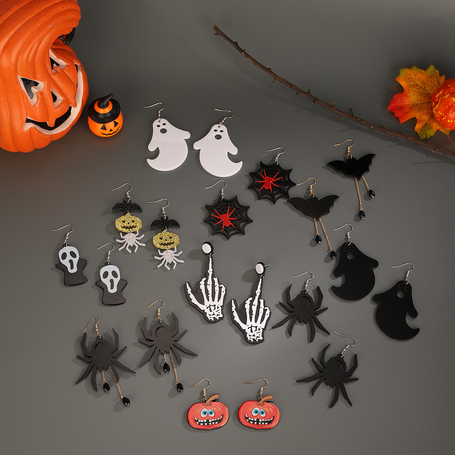 New Halloween earrings, female gothic dark bat spider pumpkin skull earrings, cross-border festival earrings Specification drawing