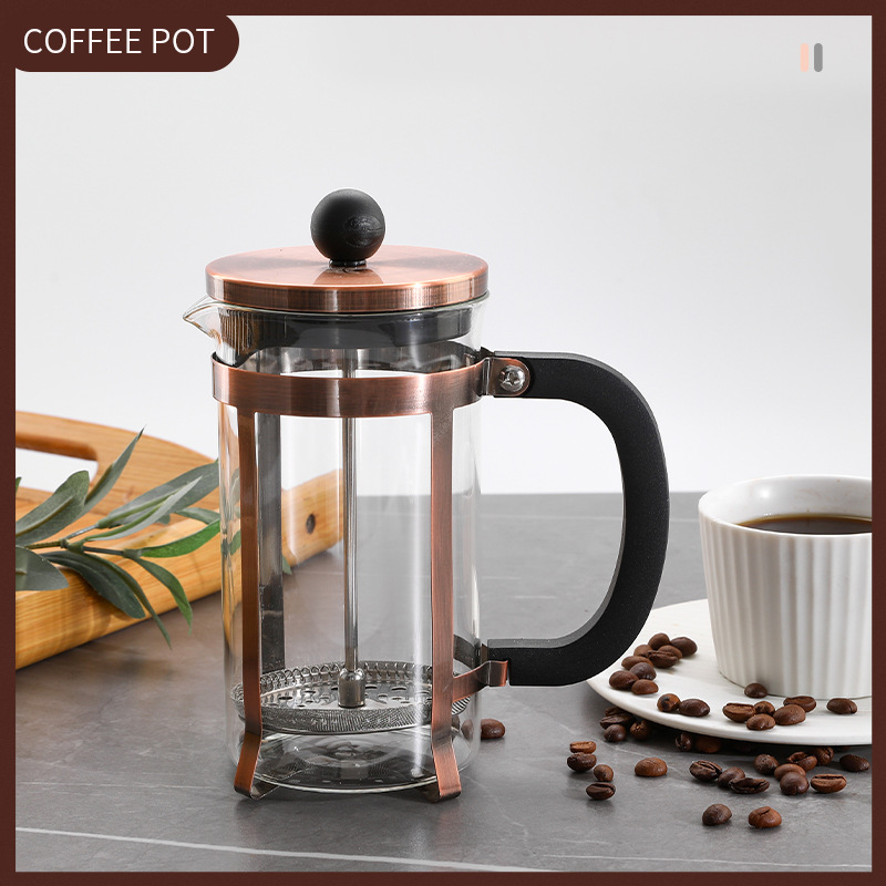 Electroplated press pot, antique Gao Penggui glass coffee pot, tea brewing utensils, household manufacturer wholesale American-style milk foam details Picture