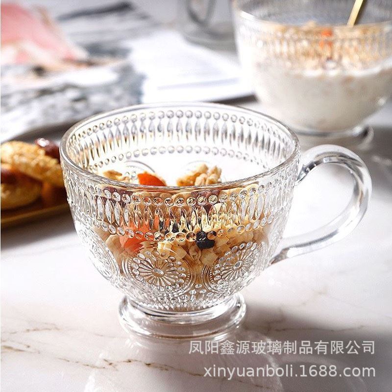 Glass cup, embossed sunflower water cup, summer milk breakfast oatmeal cup, ins style household tea cup with handle spoon full figure