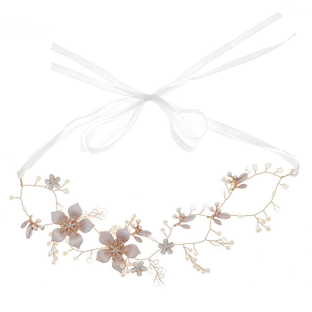 Wholesale of simple European and American bride accessories, thin picture craftsmanship, flower alloy handcrafted hair bands, pearl and rhinestone bride headwear Item Picture