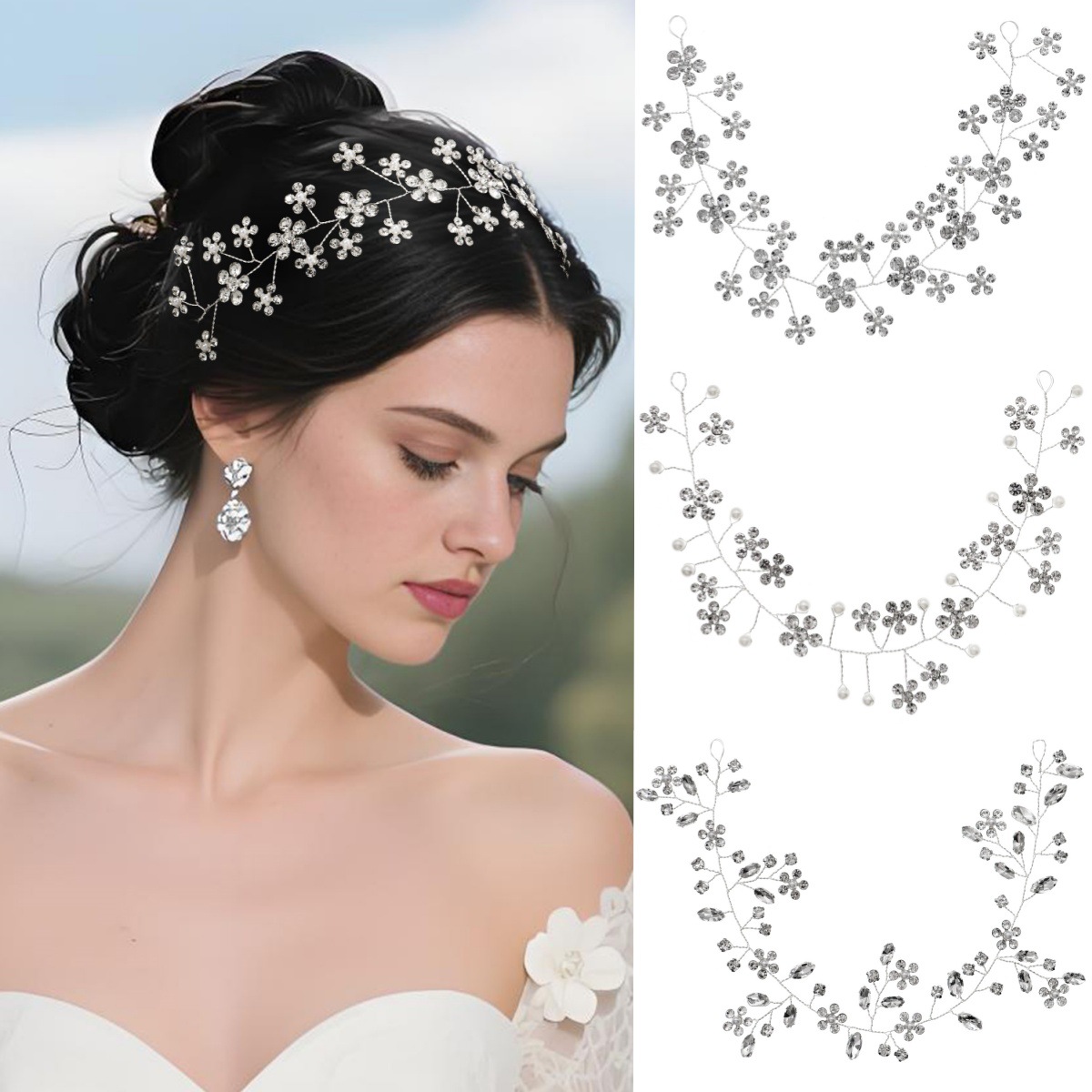 Cross-border bride wedding soft chain hair band, beautiful flower-shaped photo hair accessory, handcrafted pearl plum blossom diamond hair band for girls full figure