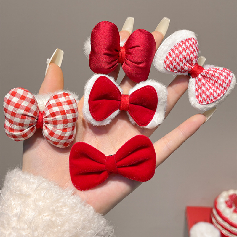 Chinese-style red bow, plush hair band, New Year children's hair clip, fluffy hair rope, hair tie, girls' rubber band headwear details Picture