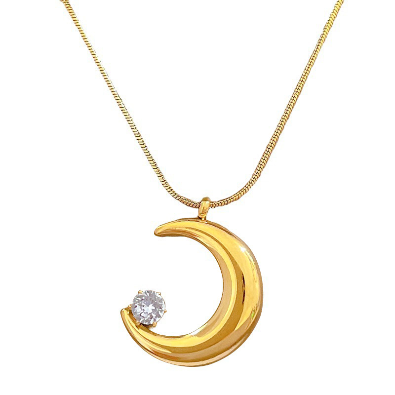 【 All-titanium Steel 】 Moon Zircon minimalist style furnace real gold necklace, female Instagram influencer collarbone chain accessory Item Picture