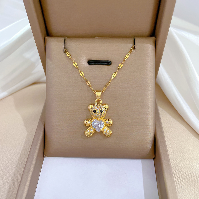 【 Titanium Steel 】 Little Bear Micro-inlaid Necklace and Earrings Set, Light Luxury micro-inlaid personalized and elegant banquet earrings and Necklaces combination Specification drawing