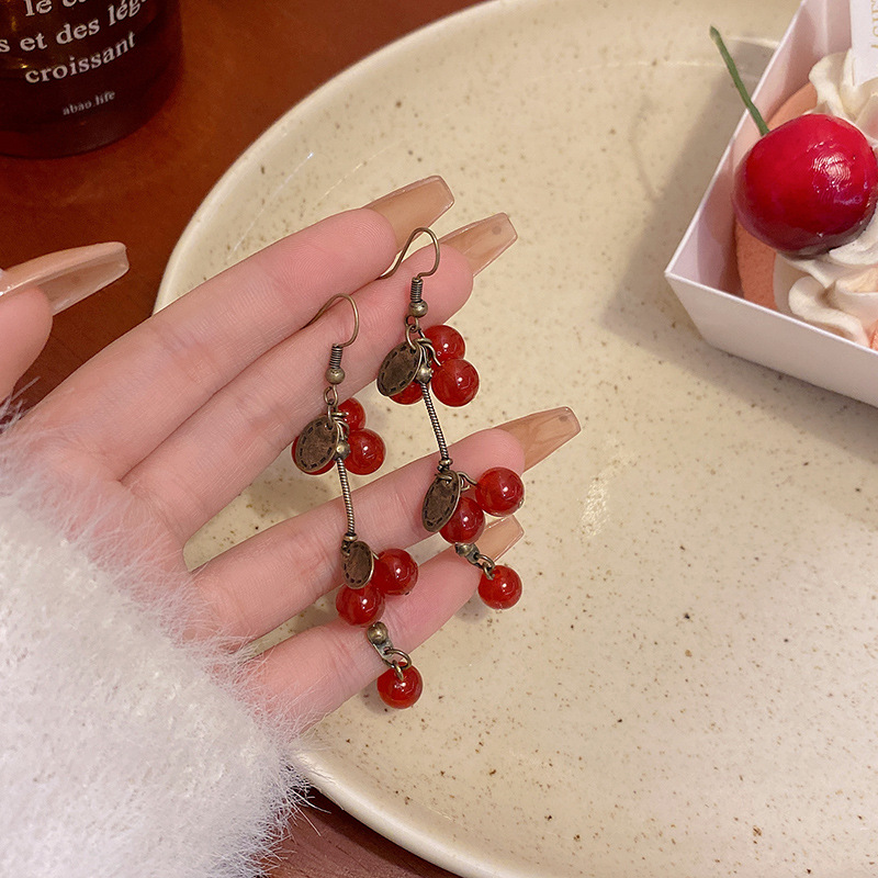 Chinese-style red cherry tassel earrings, unique design, forest-themed long earrings, elegant and high-end, retro earrings full figure