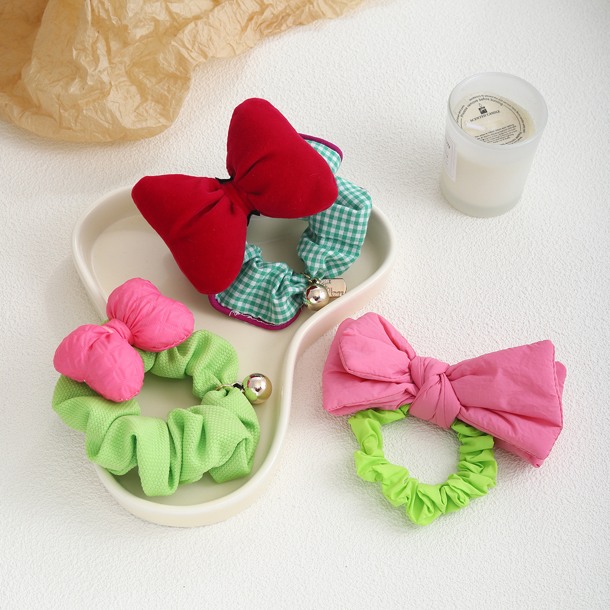 Children's fabric bow, large intestine hair band, Korean girl's sweet hair tie, ponytail hair tie, leather band, Japanese and Korean headwear details Picture
