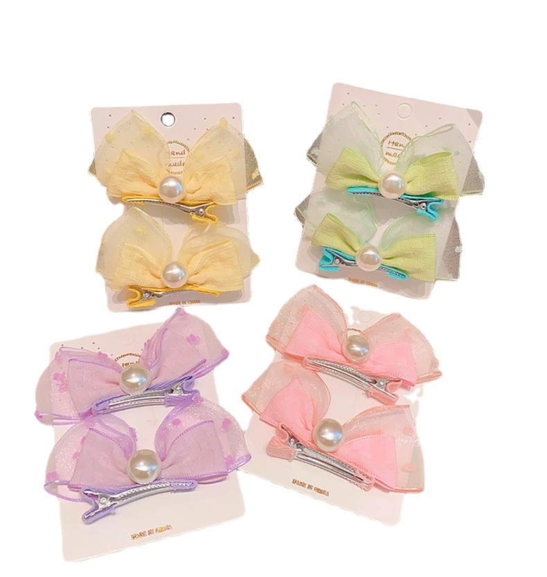 Korean-style pearl three-dimensional bow rabbit ear baby pair clip, fresh and cute bubble gauze children's hair clip, adorable headwear Item Picture
