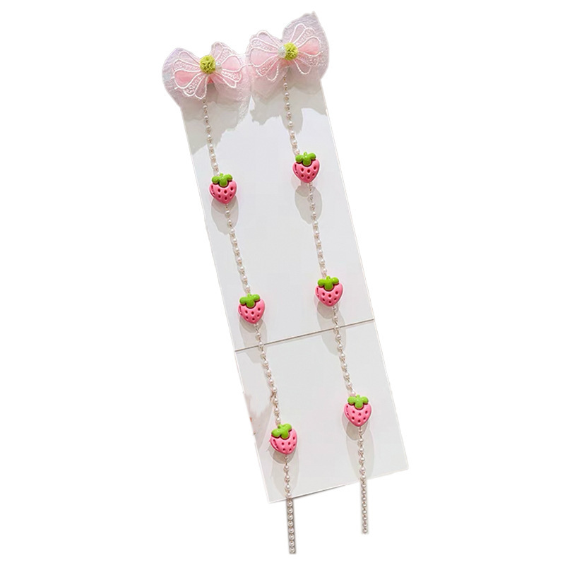 Children's pearl braided hair chain, bow hair clip, super fairy-like cartoon tassel pair clip for girls, princess hair accessory for girls Item Picture