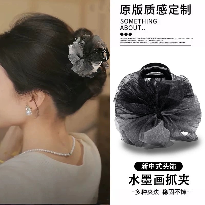 New Chinese-style headwear, ink-wash painting, women's 2024 new bow shark clip, medium-sized semi-tied hair clip headwear full figure