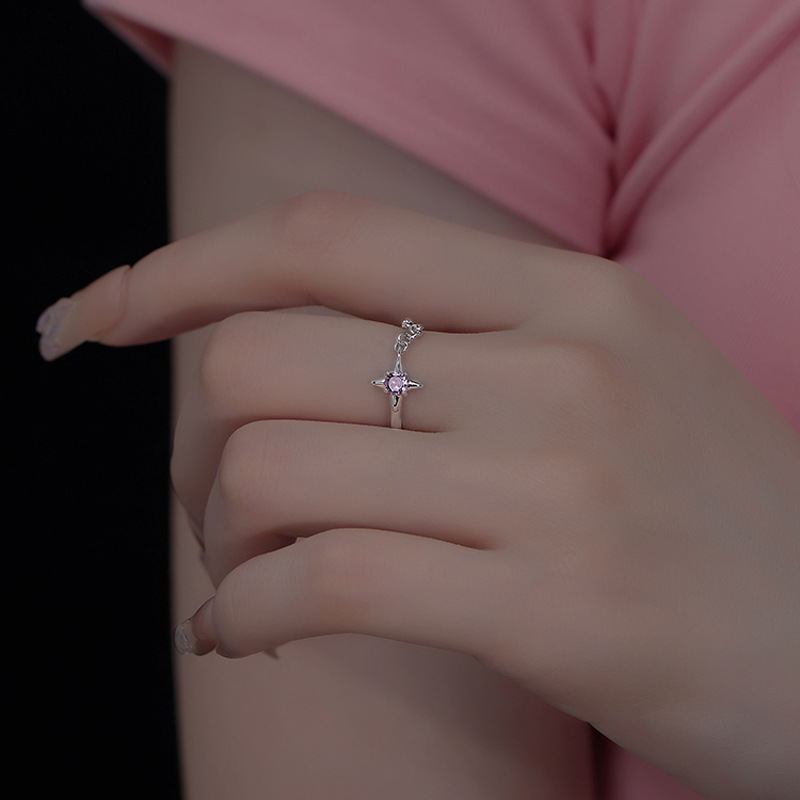 Purple zircon four-pointed star chain ring, a unique and high-end design for women, fashionable and individual index finger ring and tail ring Specification drawing