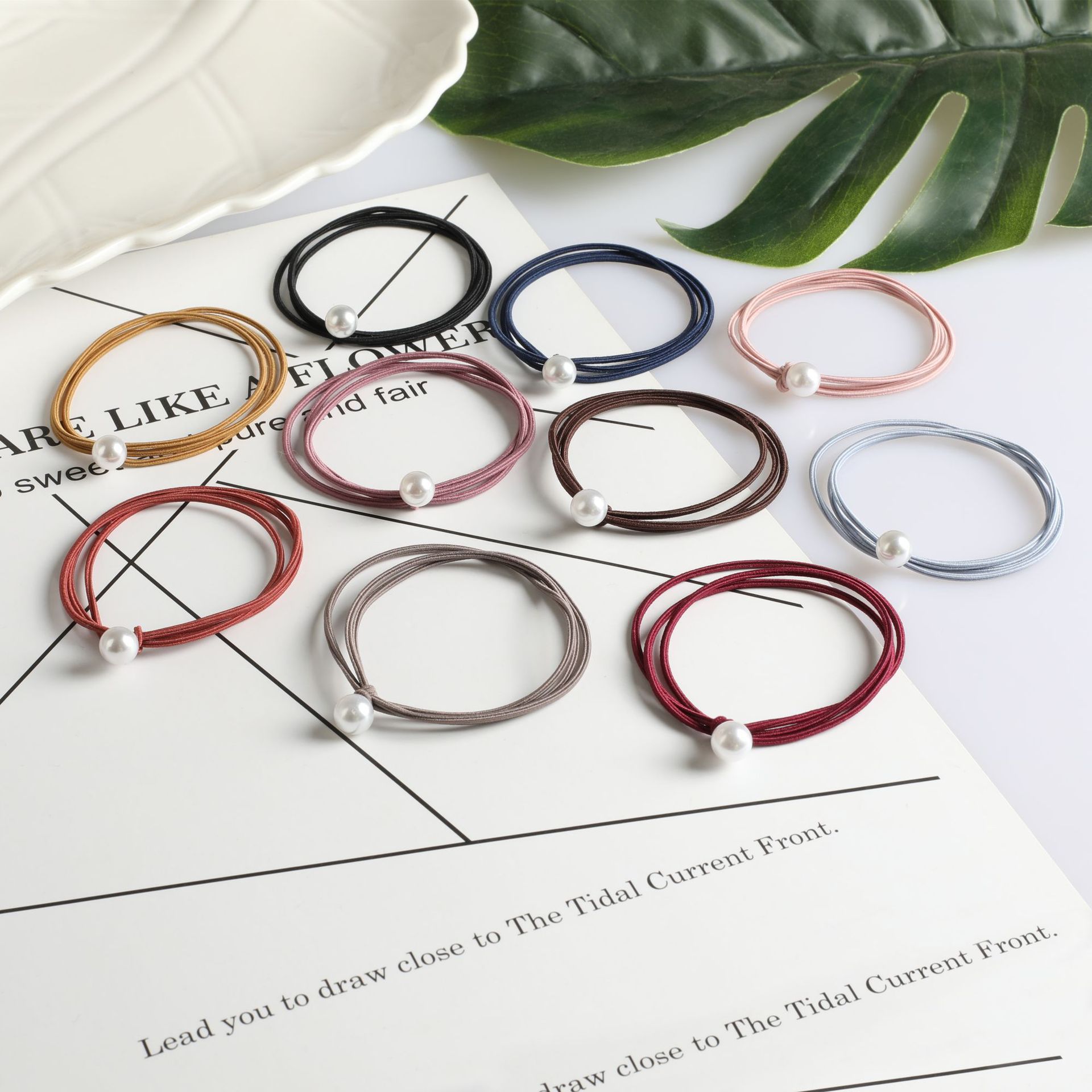 Korean simple knot three-in-one hair band, fine pearl hair tie, hair tie, hair accessory, headwear for girls, leather band full figure