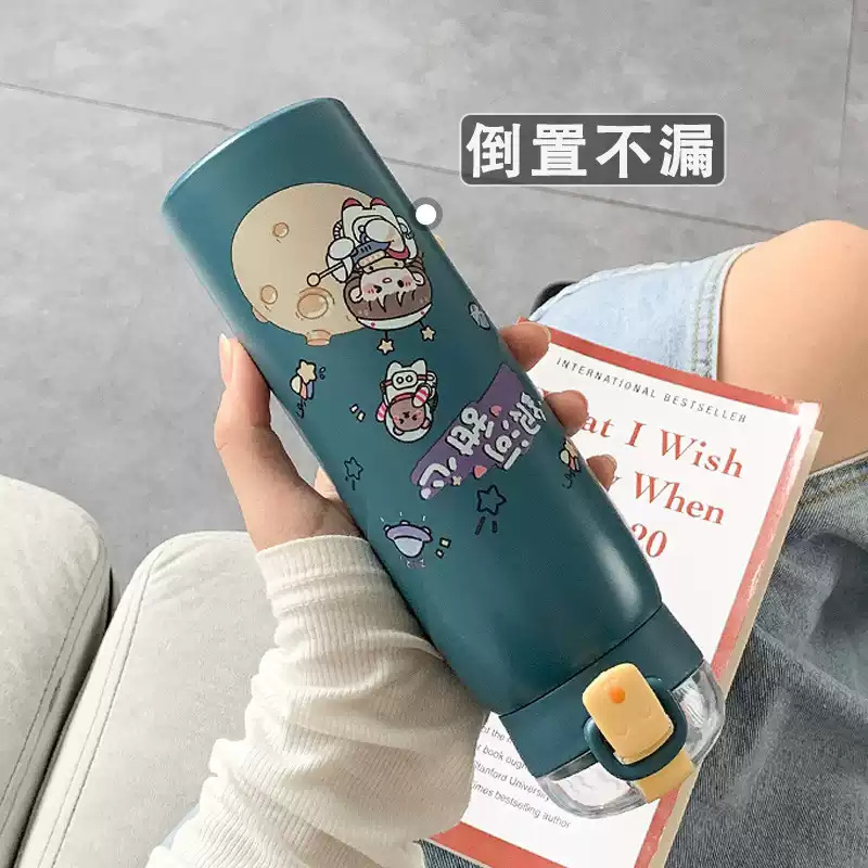 Wholesale of cartoon cute insulated cups, high appearance level pop-up lid straw cups for students, portable leak-proof stainless steel cups for girls Specification drawing