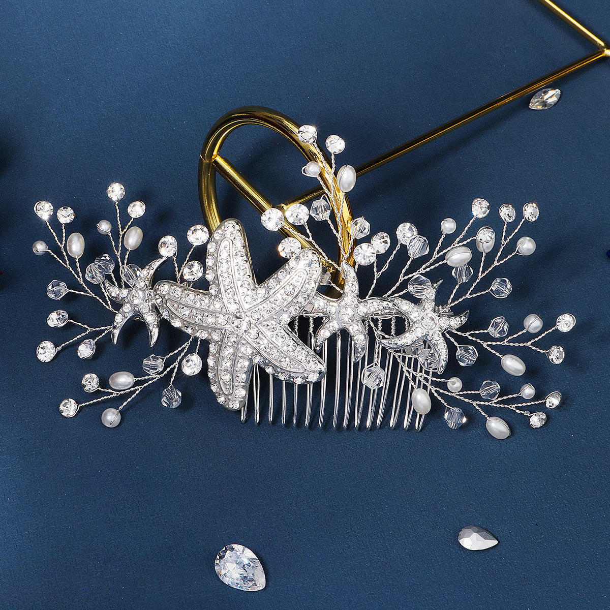 New Korean style accessories: Sweet bride's updo headwear, handcrafted crystal pearl comb, alloy water diamond starfish comb full figure