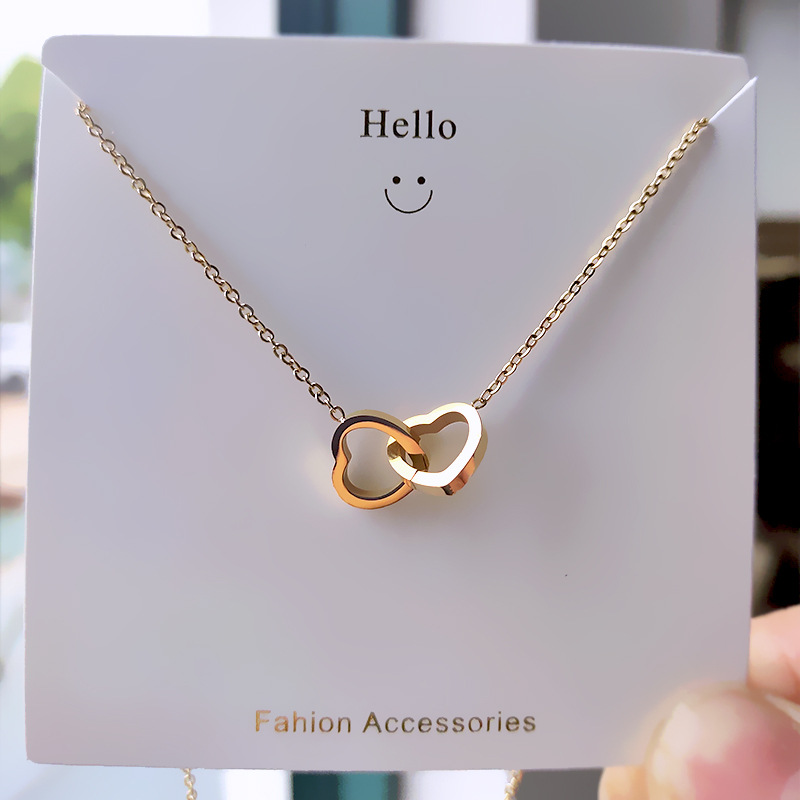 Korean 18k rose gold simple double-ring heart-shaped collarbone chain titanium steel non-fading Internet celebrity necklace niche Instagram accessory details Picture