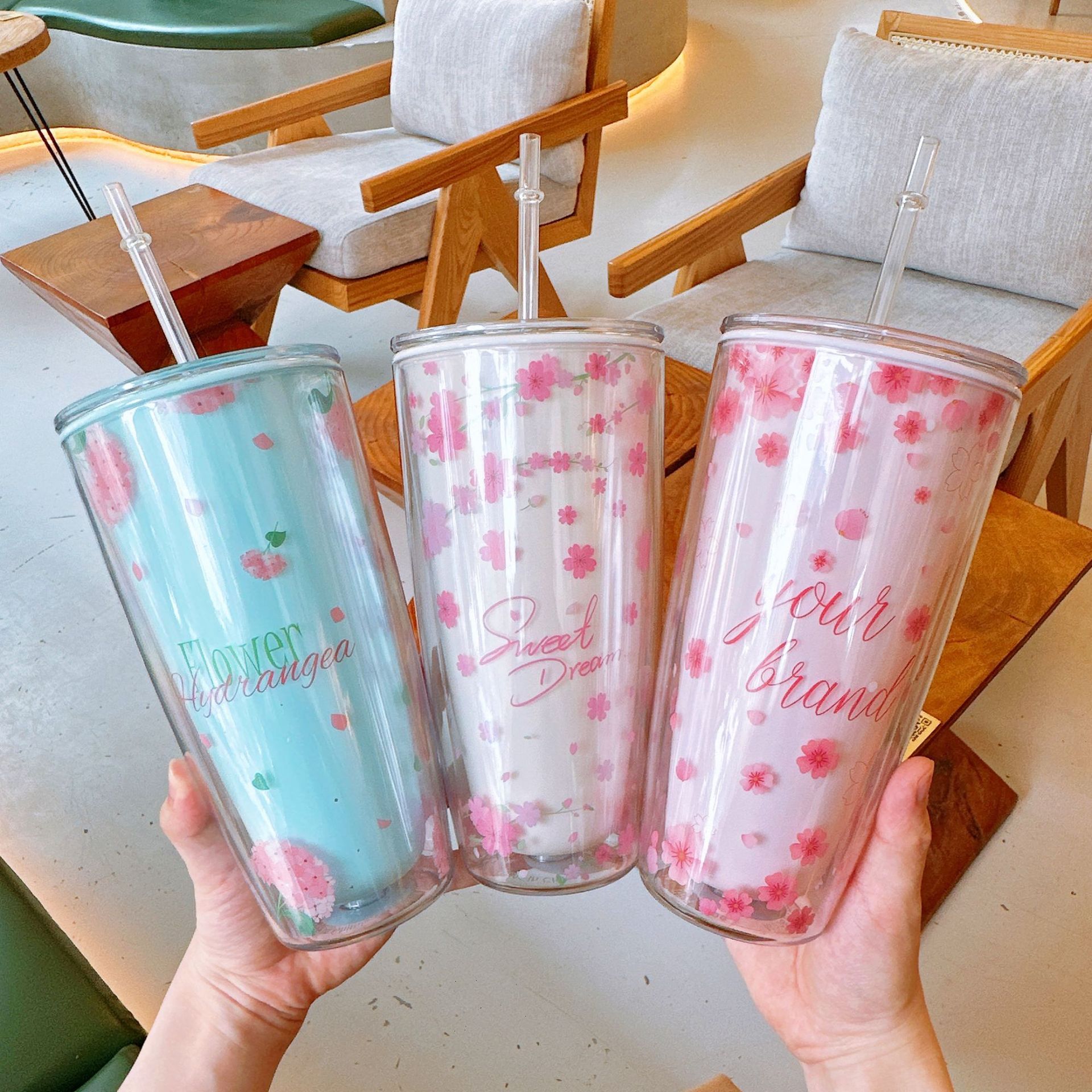 Cherry blossom straw cup, high appearance level for girls, double-layer anti-scald plastic cup, ins style office and home cross-border water cup wholesale Specification drawing