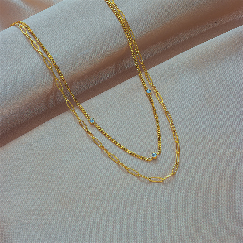 A fashionable, simple and niche double-layer diamond-encrusted chain titanium steel metal hip-hop punk trend versatile necklace details Picture