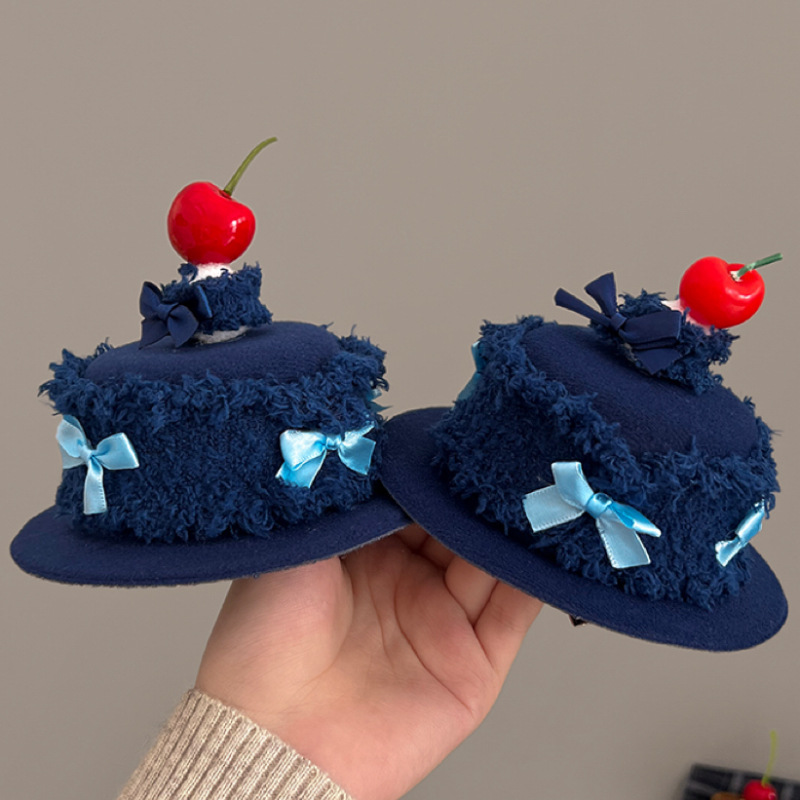 It can be lit! Cream cake, denim bow, cherry birthday hat, candle hairpin, cute girl hat headwear Specification drawing