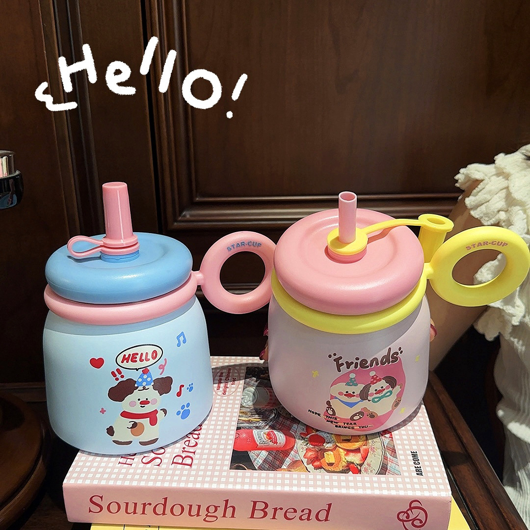 Cartoon cute desktop water cup for girls to make tea, office handle insulated cup, high appearance level, portable stainless steel straw cup Specification drawing