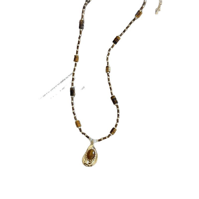 Maillard Tiger's Eye necklace, a light luxury tassel necklace, a collarbone chain, a niche design, and a double-layer layered accessory Item Picture
