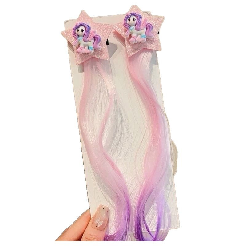 My Little Pony children's wig, braid, highlight dyed princess, cute cartoon five-pointed star headwear, baby braided hair clips, hair accessories Item Picture