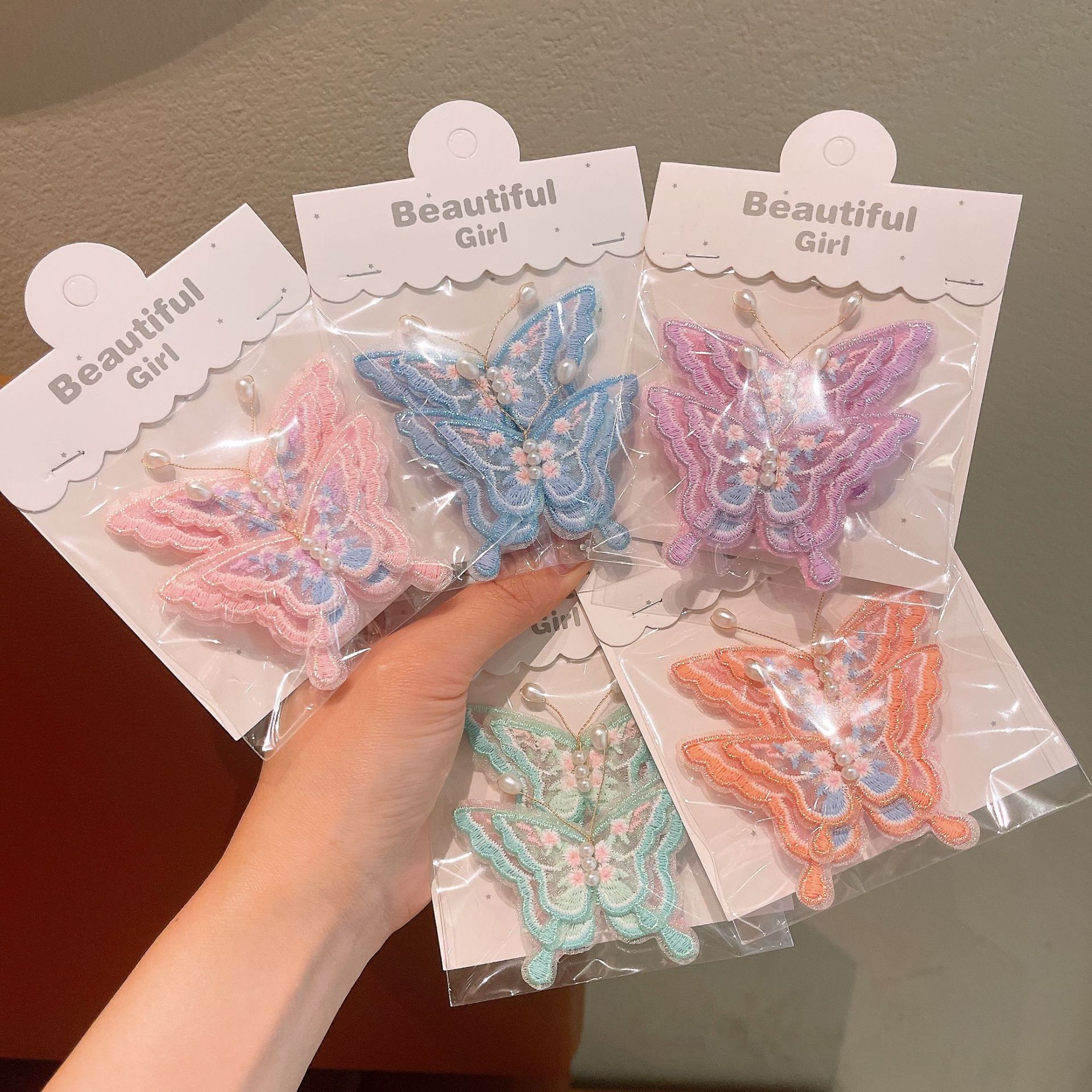 Cute cartoon mesh, pearl embroidery, butterfly posts, lace sequins, Velcro accessories, hair clips, self-adhesive fabric stickers full figure