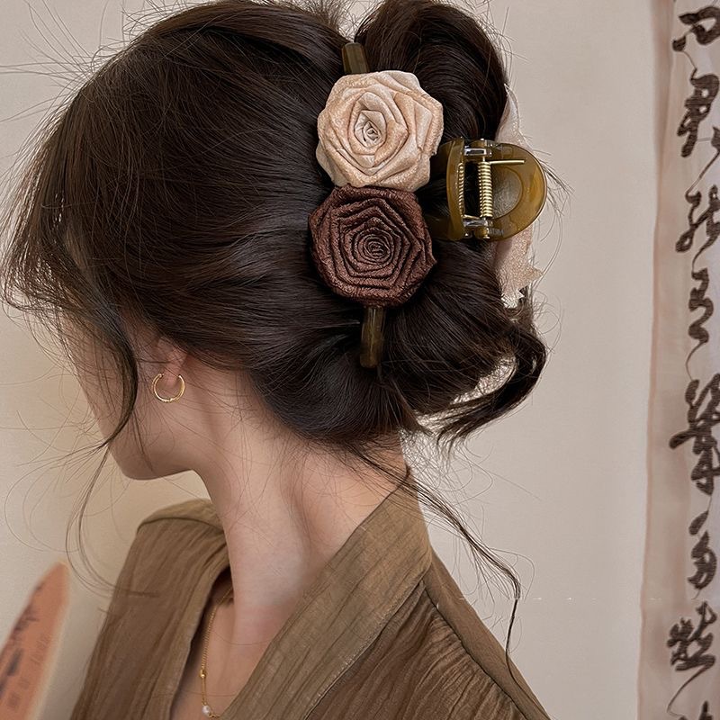 Maillard dried rose flower grab clip, retro back head updo large hair clip, high-end shark clip hair accessory Specification drawing