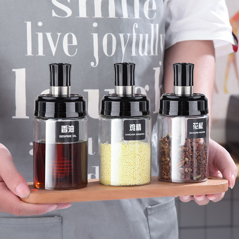 Glass seasoning jars, salt jars, monosodium glutamate bottles, kitchen seasoning jars, spoon and lid integrated seasoning bottles, glass seasoning portioning bottles details Picture