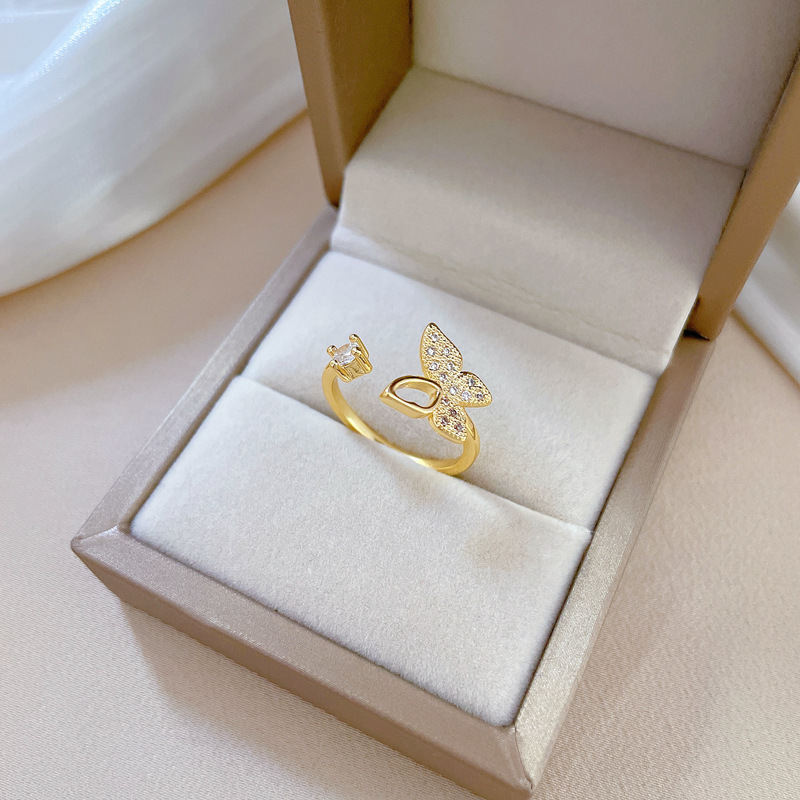 【 Real Gold 】 Hollow butterfly Full diamond ring with adjustable opening, simple Japanese-style ring couple rings Specification drawing