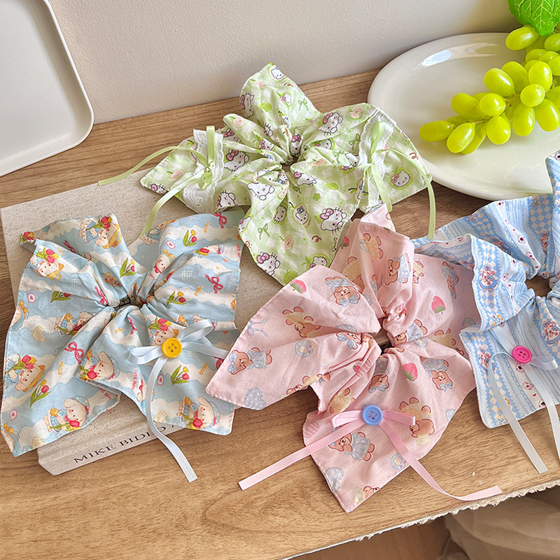 Cream girl, little bear, bow, fabric, large intestine circle, hair tie, square scarf, floral hair tie, ponytail, hair accessory, headwear Specification drawing