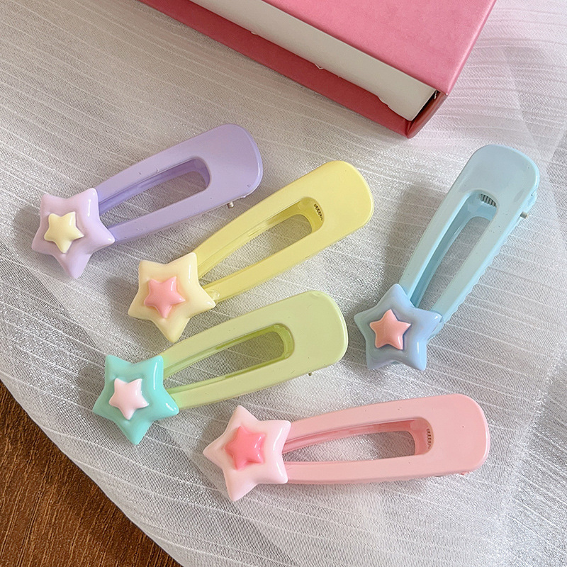Cute star hair clips, candy-colored cream bb hair clips, frosted five-pointed star side clips, simple side duckbill clips for girls full figure