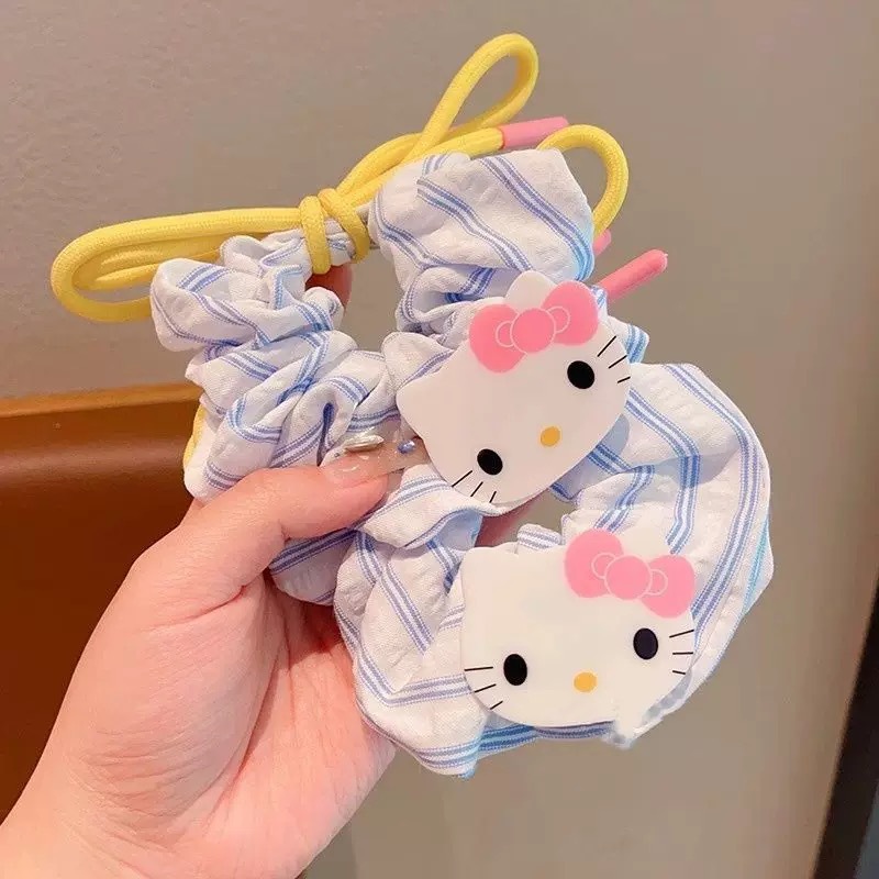 Korean-style KT cat bow tie large intestine circle hair band for women, refreshing blue striped large hair band headband, bun hair band Application Scenario