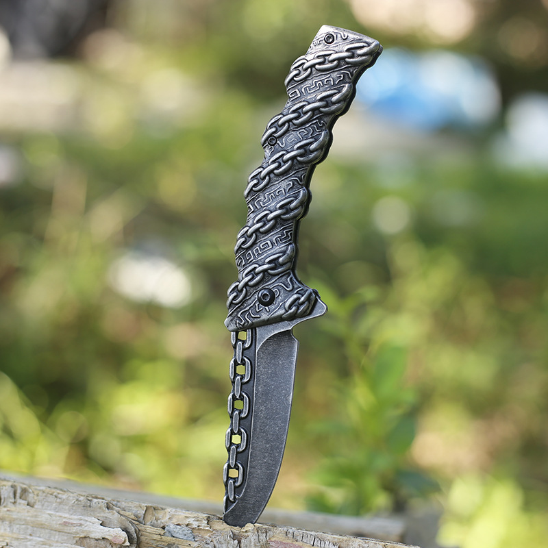 Embossed steel handle folding knife, stainless steel outdoor knife, wilderness survival tactical knife, mountain climbing portable camping knife details Picture