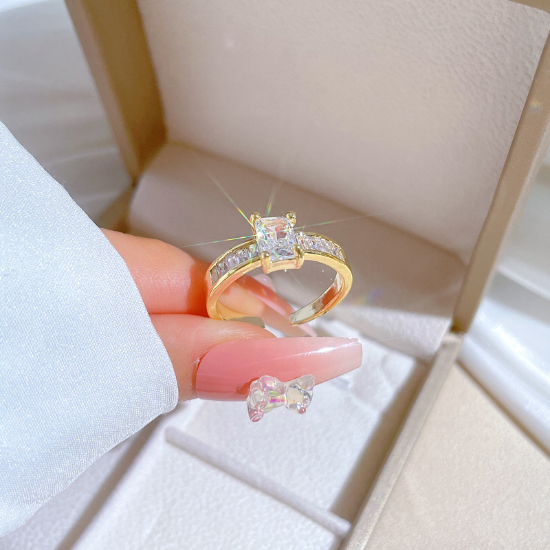 【 Real Gold 】 Square diamond full zirconium wedding ring, adjustable ring opening, simple jewelry, Japanese-style ring couple rings details Picture