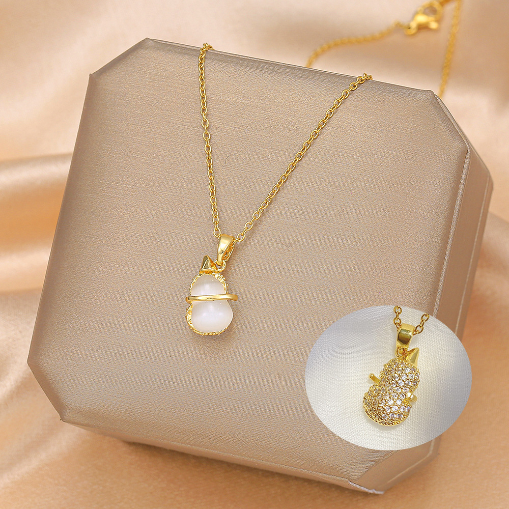 Double-sided cat's eye gourd necklace for women, real gold electroplated with micro-inlaid zircon full diamond pendant, titanium steel light luxury collarbone chain full figure