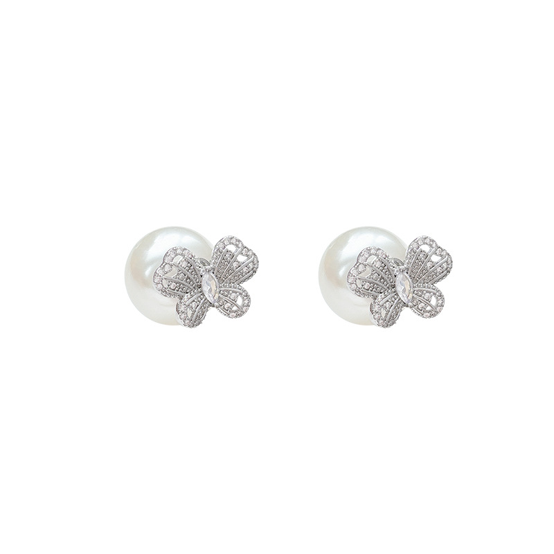 Silver exquisite hollowed-out butterfly stud earrings for women, light luxury, versatile and elegant, two-wear pearl earrings, high-end earrings Item Picture