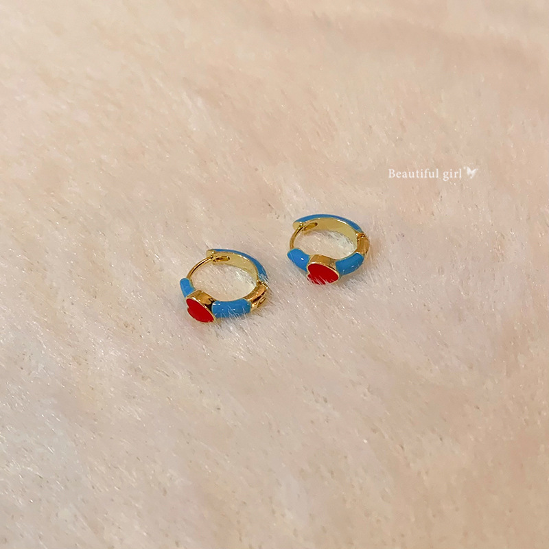 Summer enamel blue and red spliced drop glaze heart-shaped ear loops for women, a new style of elegant earrings in 2025 Specification drawing