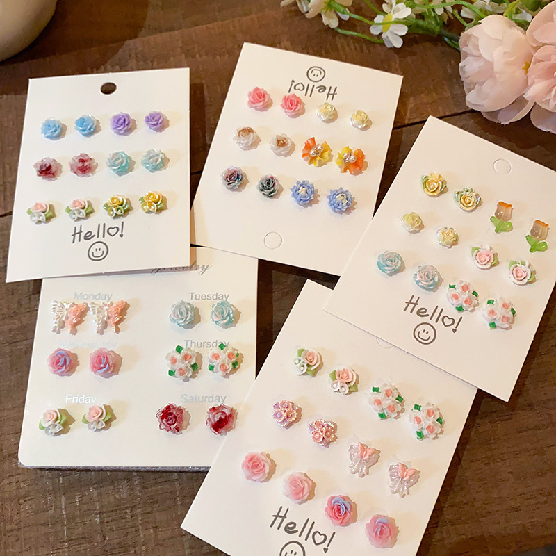 Pink flower butterfly six-piece set earrings, resin stud earrings, sweet, fresh and simple design of women's earrings Specification drawing