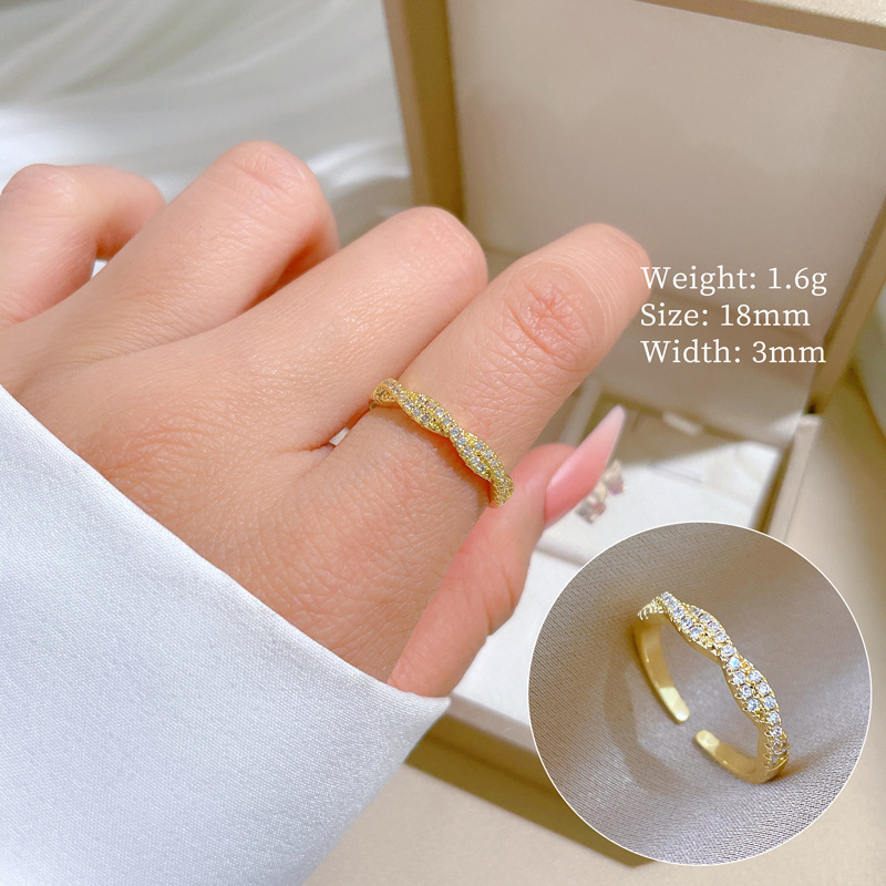 【 Real Gold 】 Cross-twisted full diamond ring with adjustable opening, simple Japanese-style bracelet, couple rings full figure