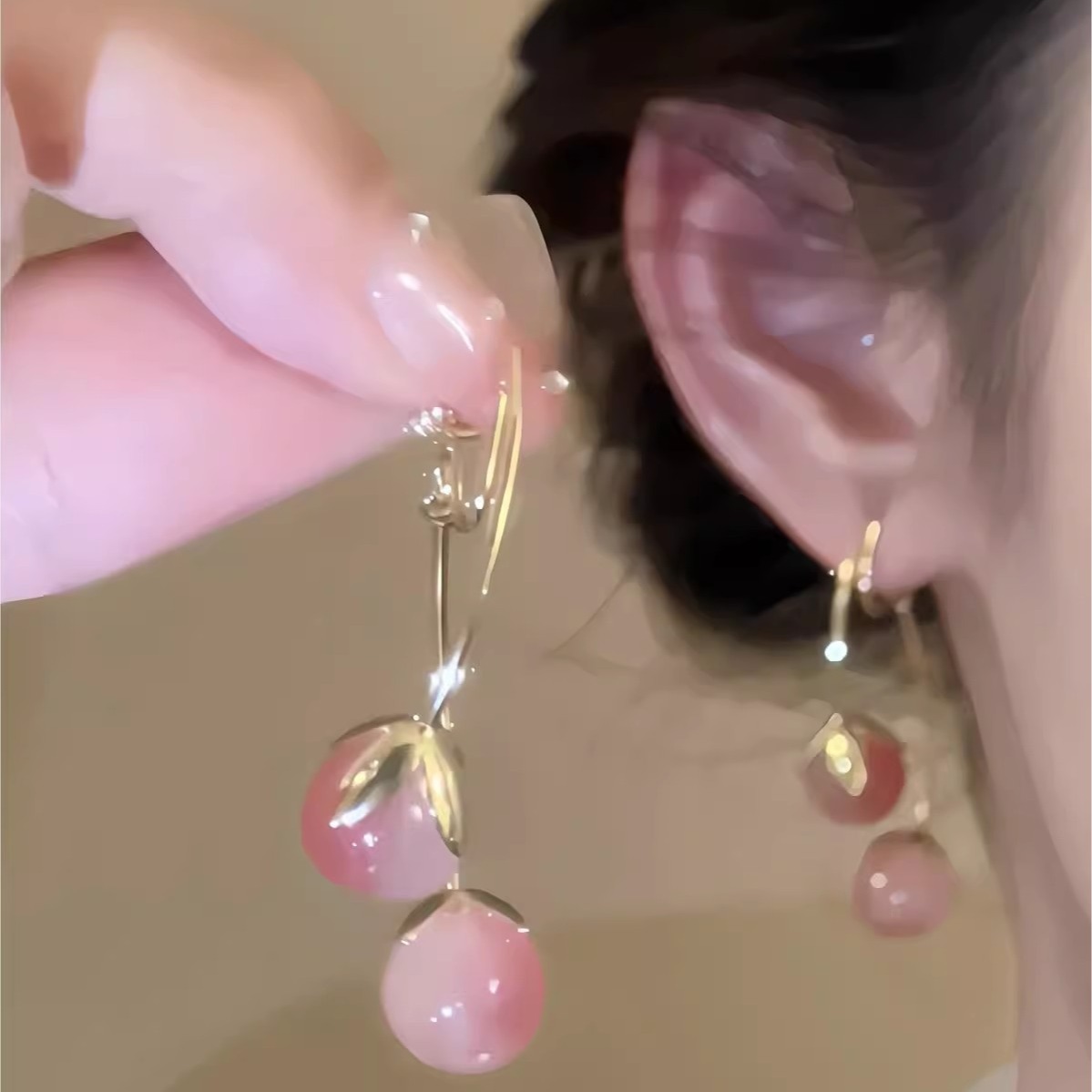 The niche design Cherry 925 silver needle earrings are light luxury and exquisite long earrings. They are super ethereal, sweet and cute, and elegant earrings details Picture