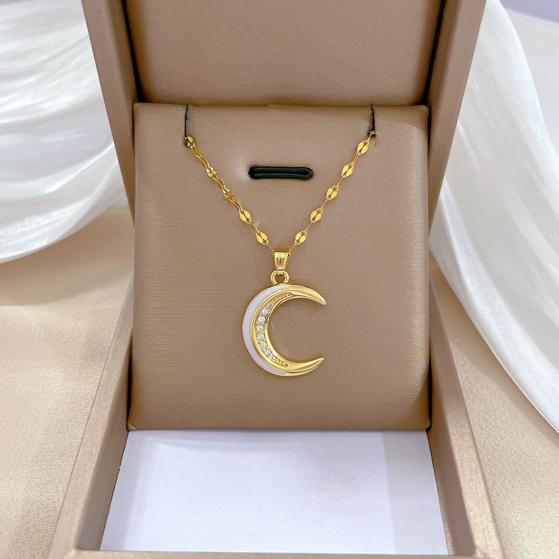 【 Titanium Steel 】 Oil-dripping moon, light luxury and elegant, full diamond necklace, versatile collarbone chain for female Internet celebrities, titanium steel chain full figure