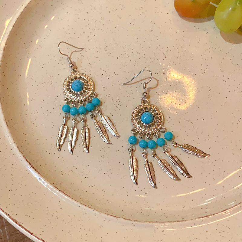 New Chinese-style dream catcher net earrings, women's ethnic style versatile tassel long stud earrings, new Hanfu cheongsam earrings Specification drawing