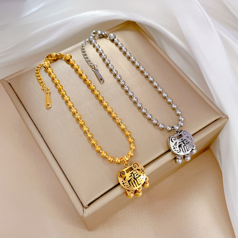 【 All-titanium Steel 】 Dongdaemun's unique and elegant forest-themed "Fu" character longevity lock round bead bracelet, a retro female Internet celebrity's best friend Specification drawing