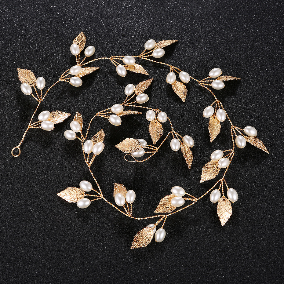 European and American accessories, alloy leaves, pearl bridal hair bands, wedding banquet hairstyle accessories, hand-woven updo headbands details Picture