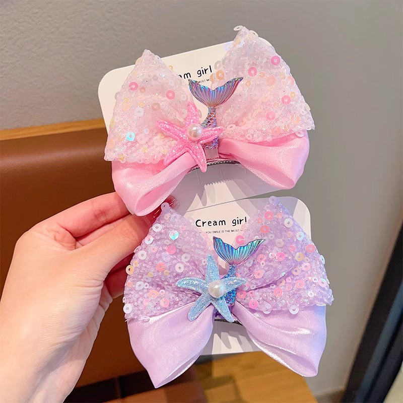 Princess sequined bow headwear for girls, children's hair clips, baby 3D mermaid hair clips, girls' performance hair accessories Application Scenario