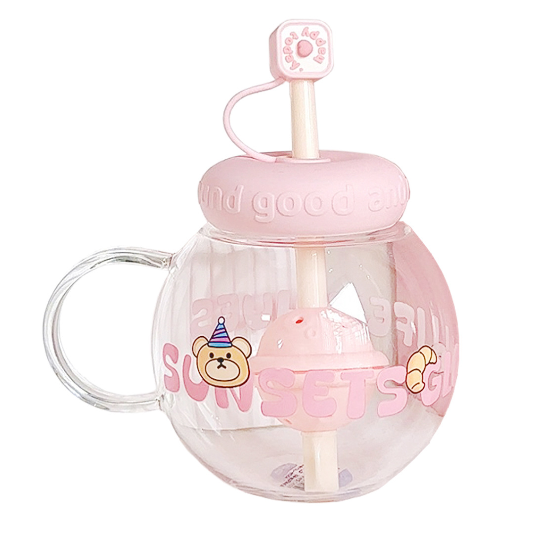 Chubby girl glass cup, cute, high appearance level, creative straw cup with filter, high-temperature resistant, tea-making handle water cup Item Picture