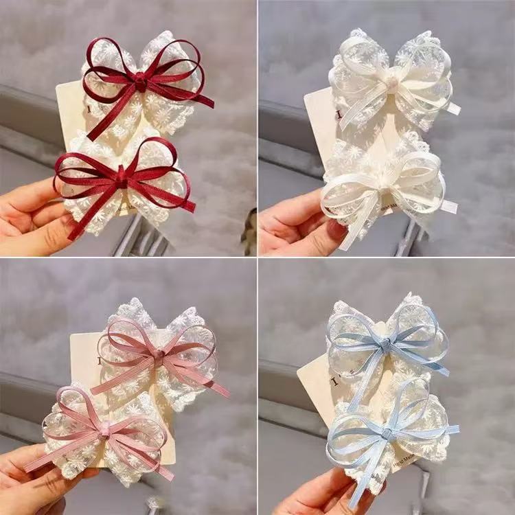 New French lace fabric lace bow hair clips, handcrafted broken hair clips, girlish side bangs hair clips full figure