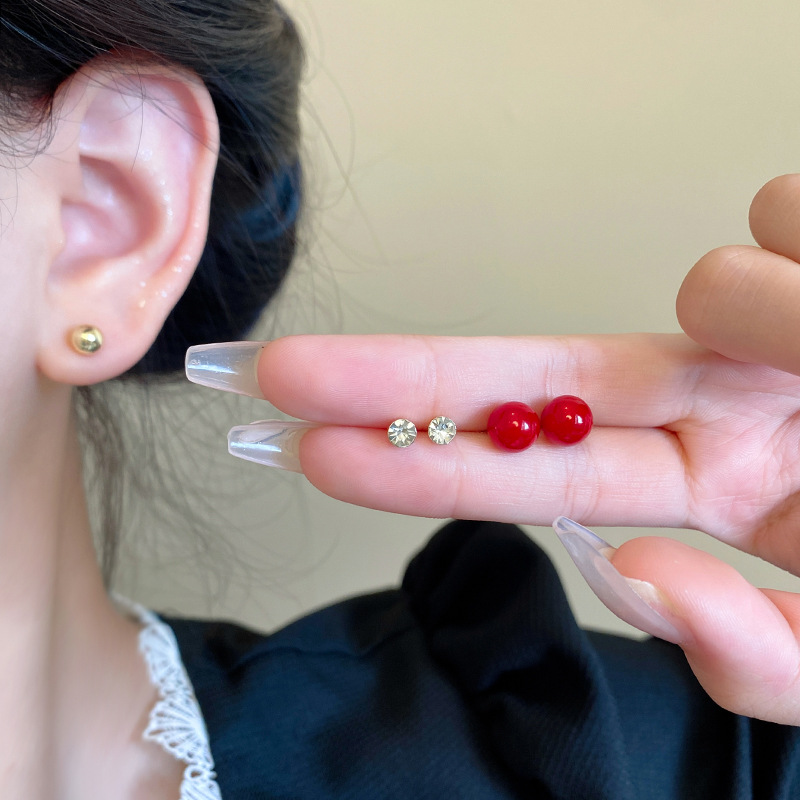 S925 Silver Needle Red Bean Three-piece Set Earrings, simple and niche design, Zircon ear studs for ear piercing, elegant earrings wholesale Application Scenario