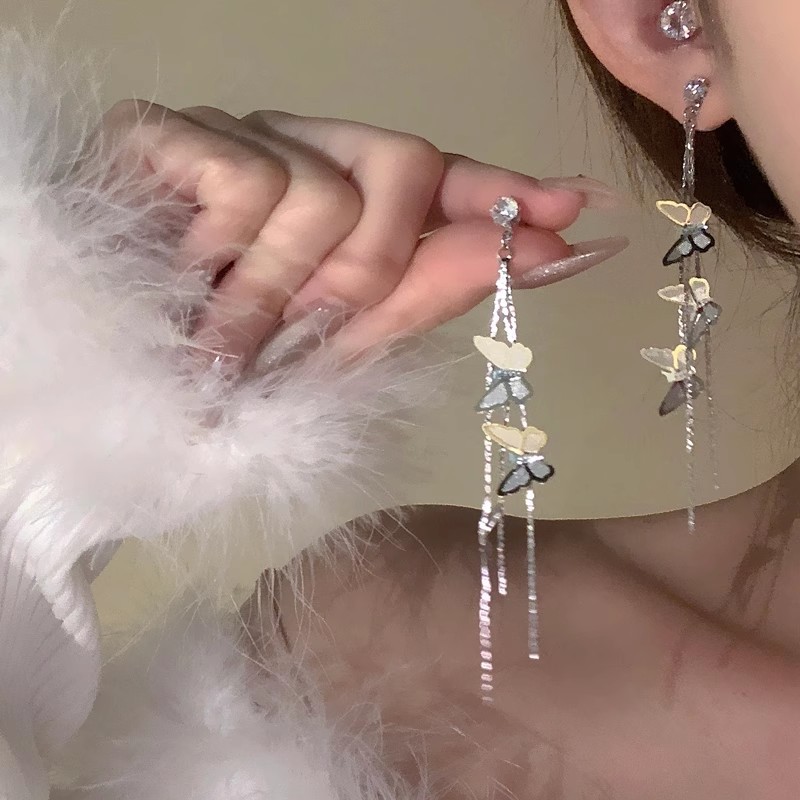 Super ethereal long bow tassel earrings for women 2025 new style, versatile, face-slimming earrings, high-end earrings full figure